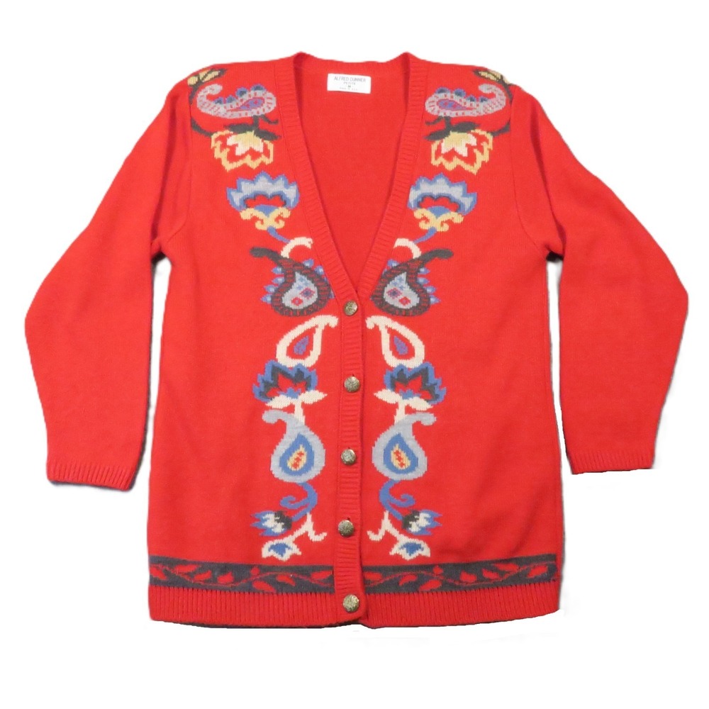 Vtg Alfred Dunner Paisley Cardigan PM Red Shoulder Pad Grandma 80s Colorful Boho